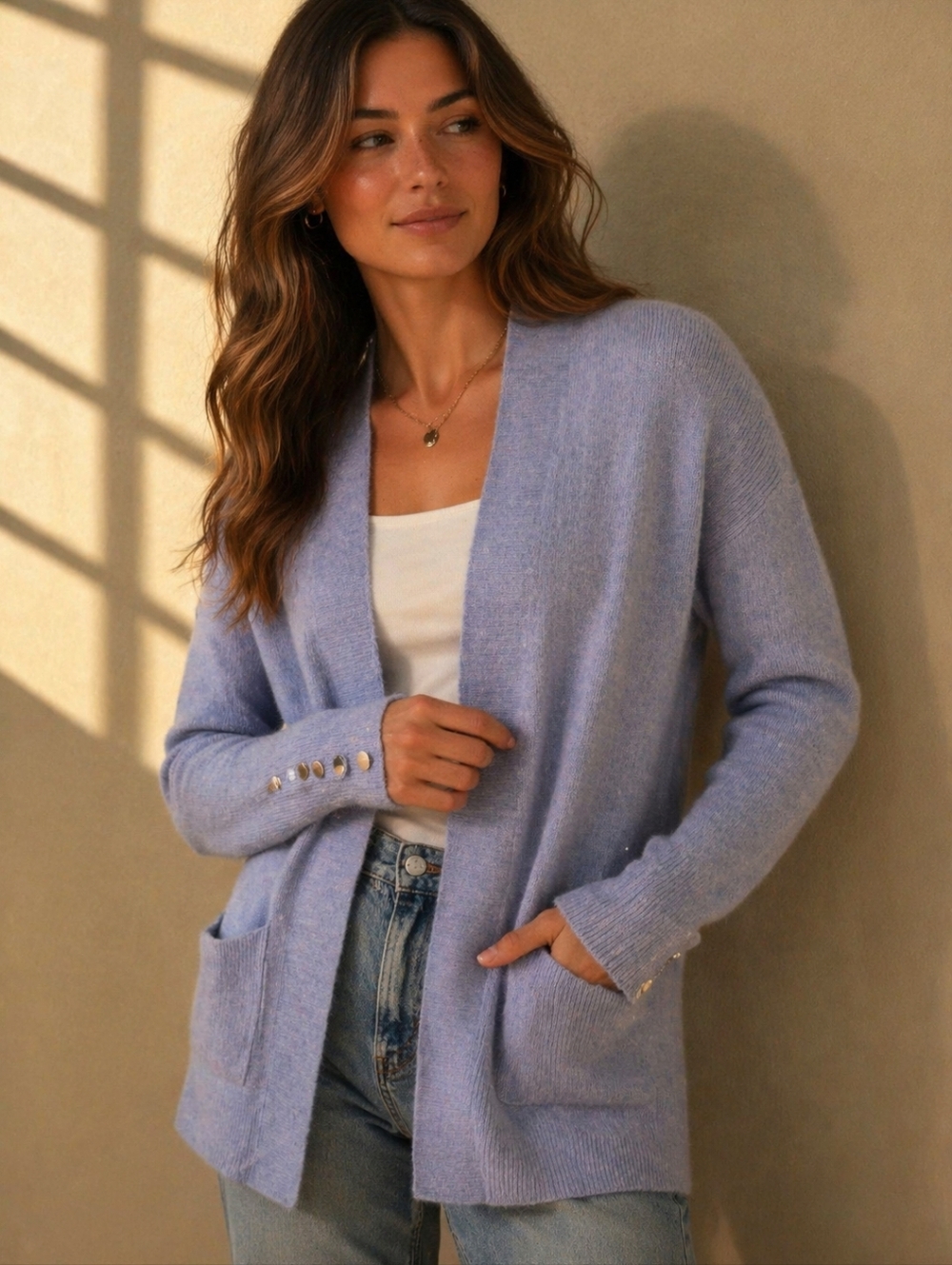 Verve Ami | Open-Front Blue Cardigan with Button Cuff Details, Size L